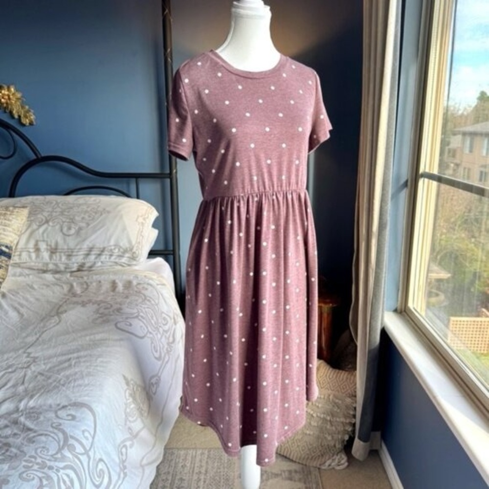 Light Brown w Cream White Polka Dots Midi Dress